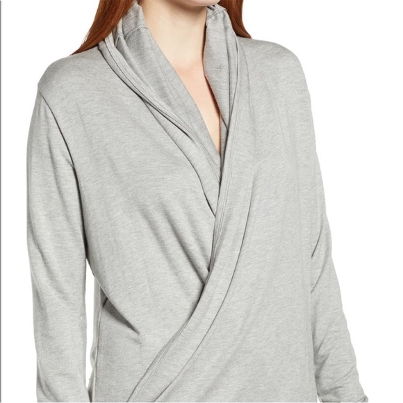 Caslon Tops - CASLON Lightweight Faux Wrap Hoodie Pullover | Medium | Grey | Thumbholes